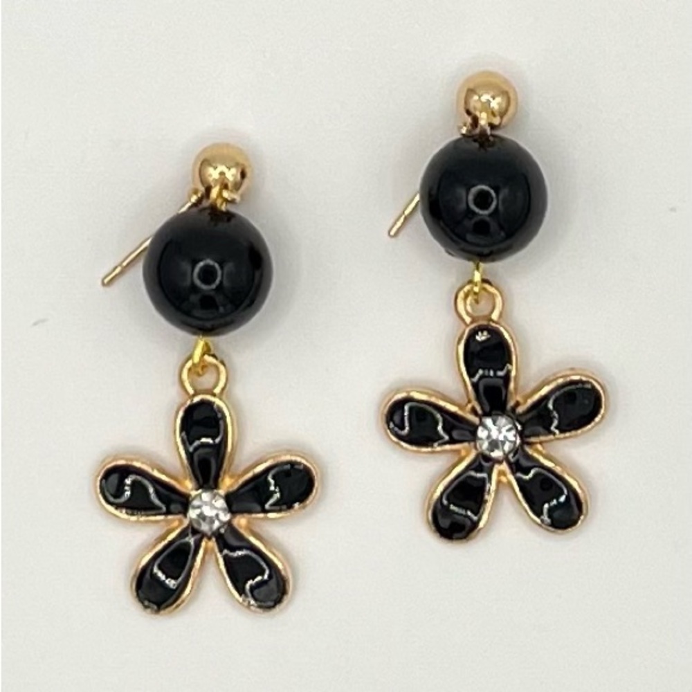 Black Flower Dangle Earrings with Gold & Rhinestone Accents